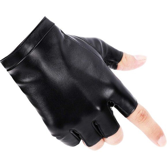 Men's Black PU Faux Leather Outdoor Sports Cosplay Costume Half Finger Gloves - Picture 2 of 8